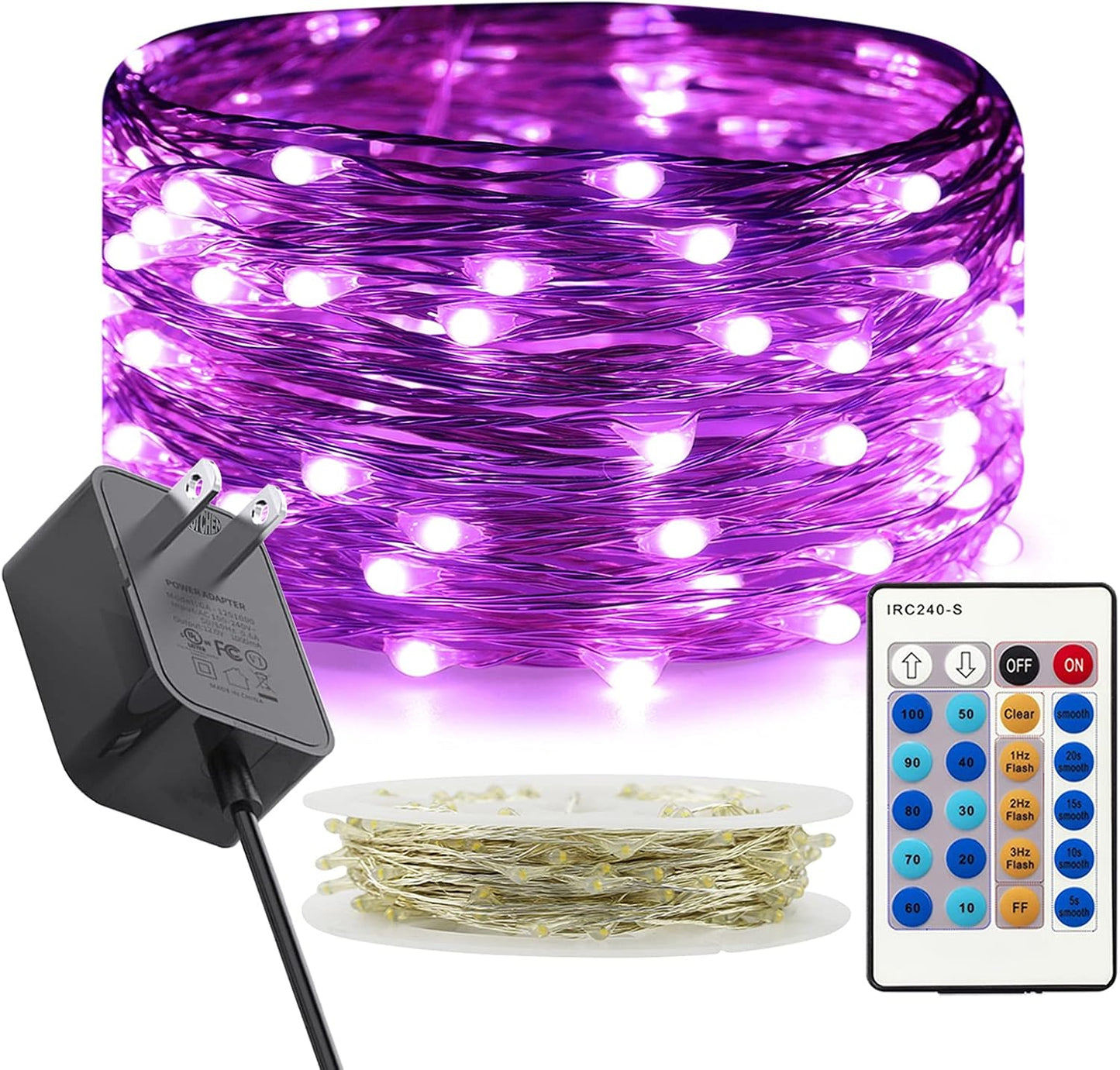 Luces hadas moradas 100 LED parpadeantes 33ft control remoto