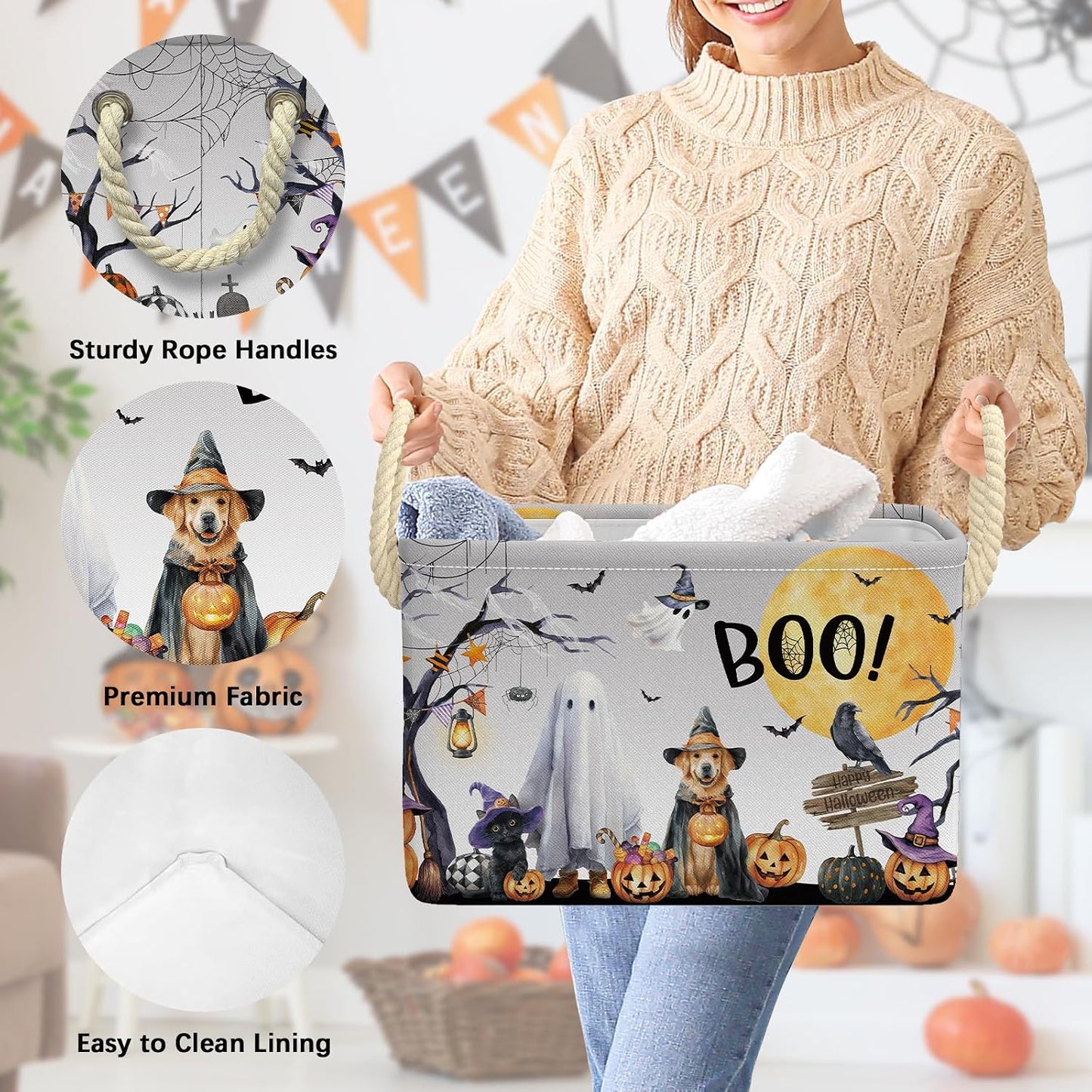 Cesta Halloween plegable decoración hogar 15x10x10pulg gris