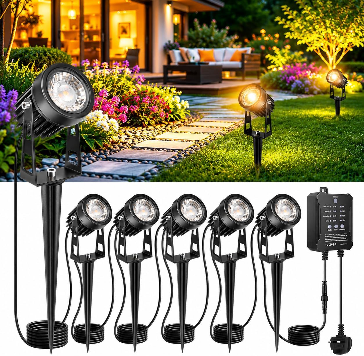 Kit 6 luces paisaje LED blanco cálido con transformador
