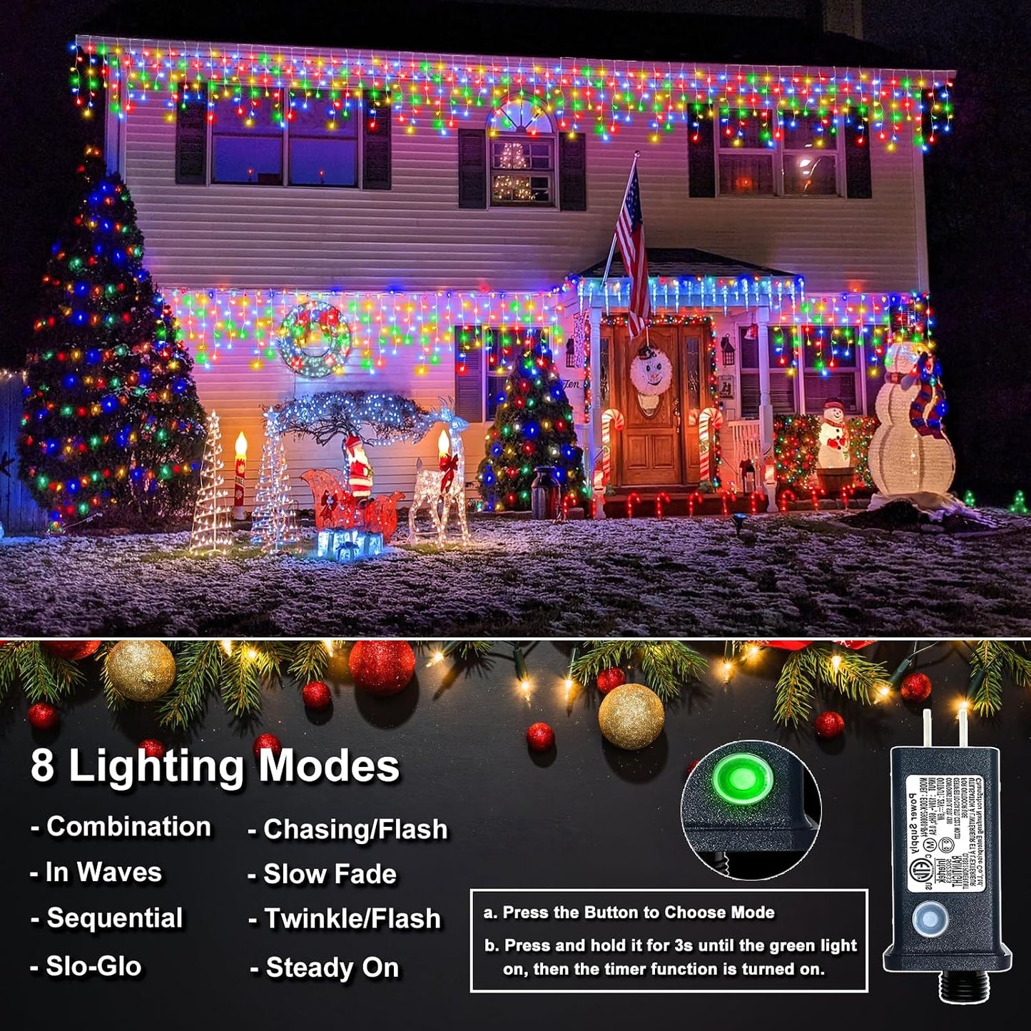 Luces carámbano exterior 33ft 400 LED 8 modos