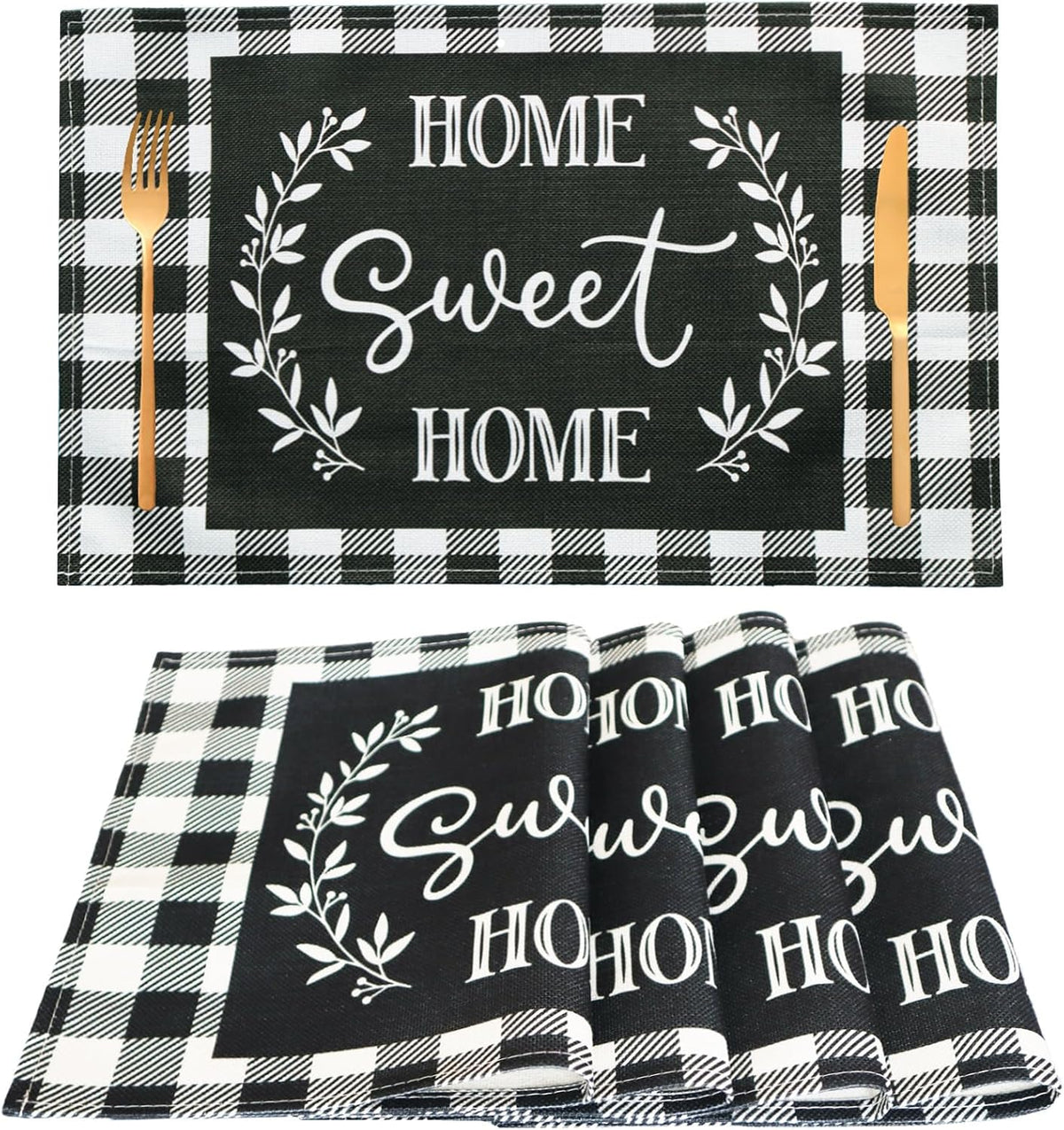 Manteles individuales buffalo plaid 4 pzas negro y blanco lavables