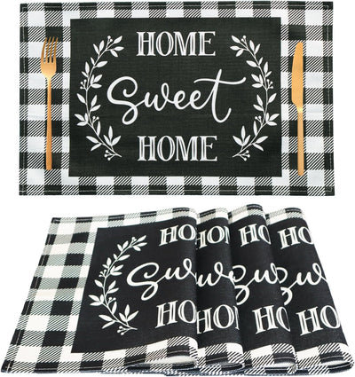 Manteles individuales buffalo plaid 4 pzas negro y blanco lavables
