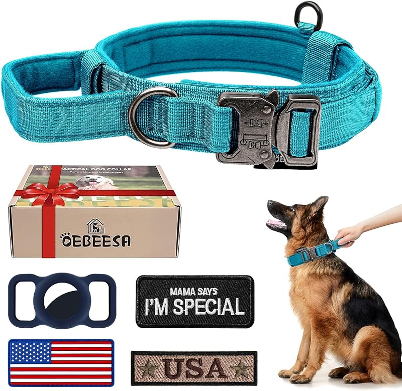 Collar perro táctico ajustable con asa y hebilla metal 3 parches azul