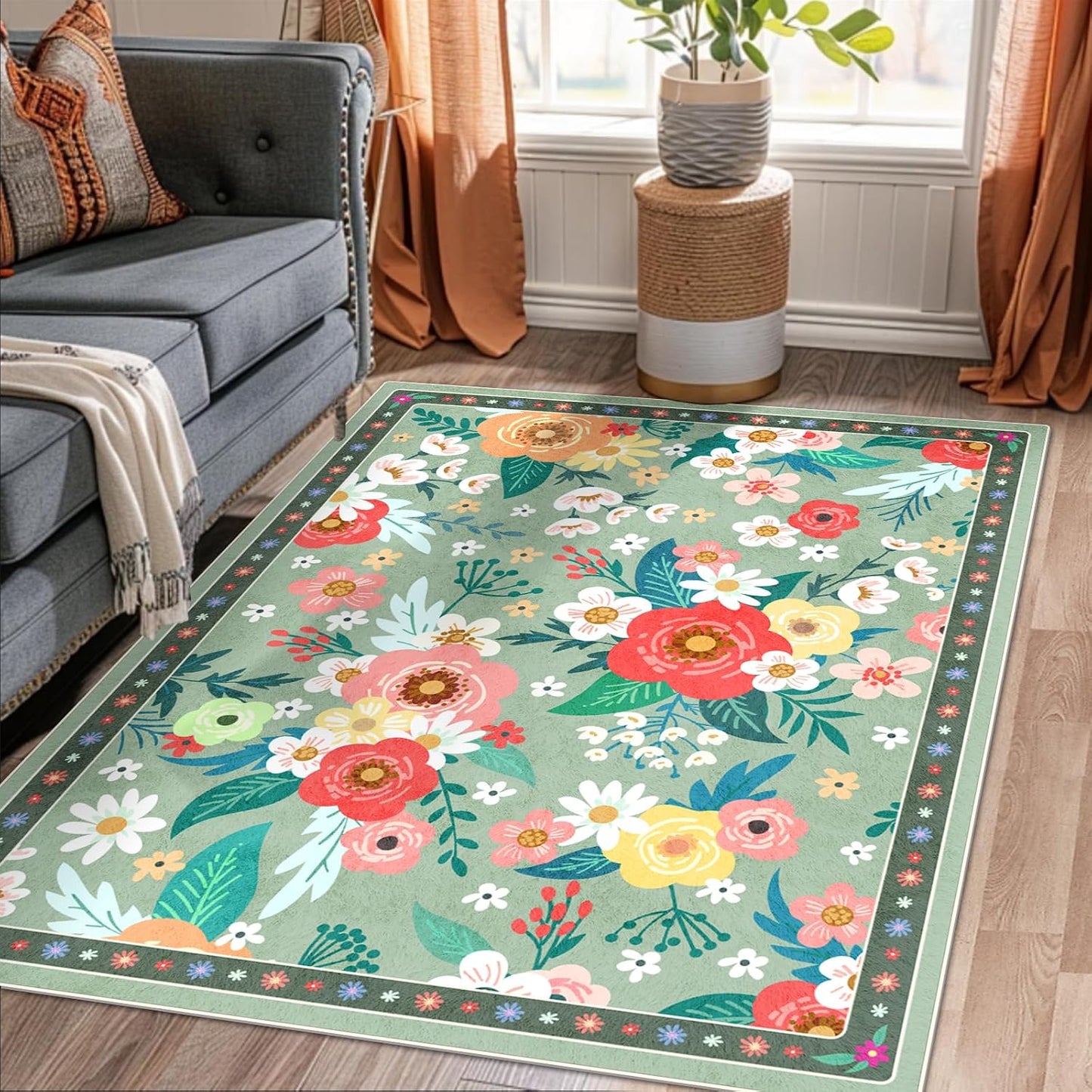 Alfombra lavable 5x3ft antiderrap estilo bohemio dormitorio