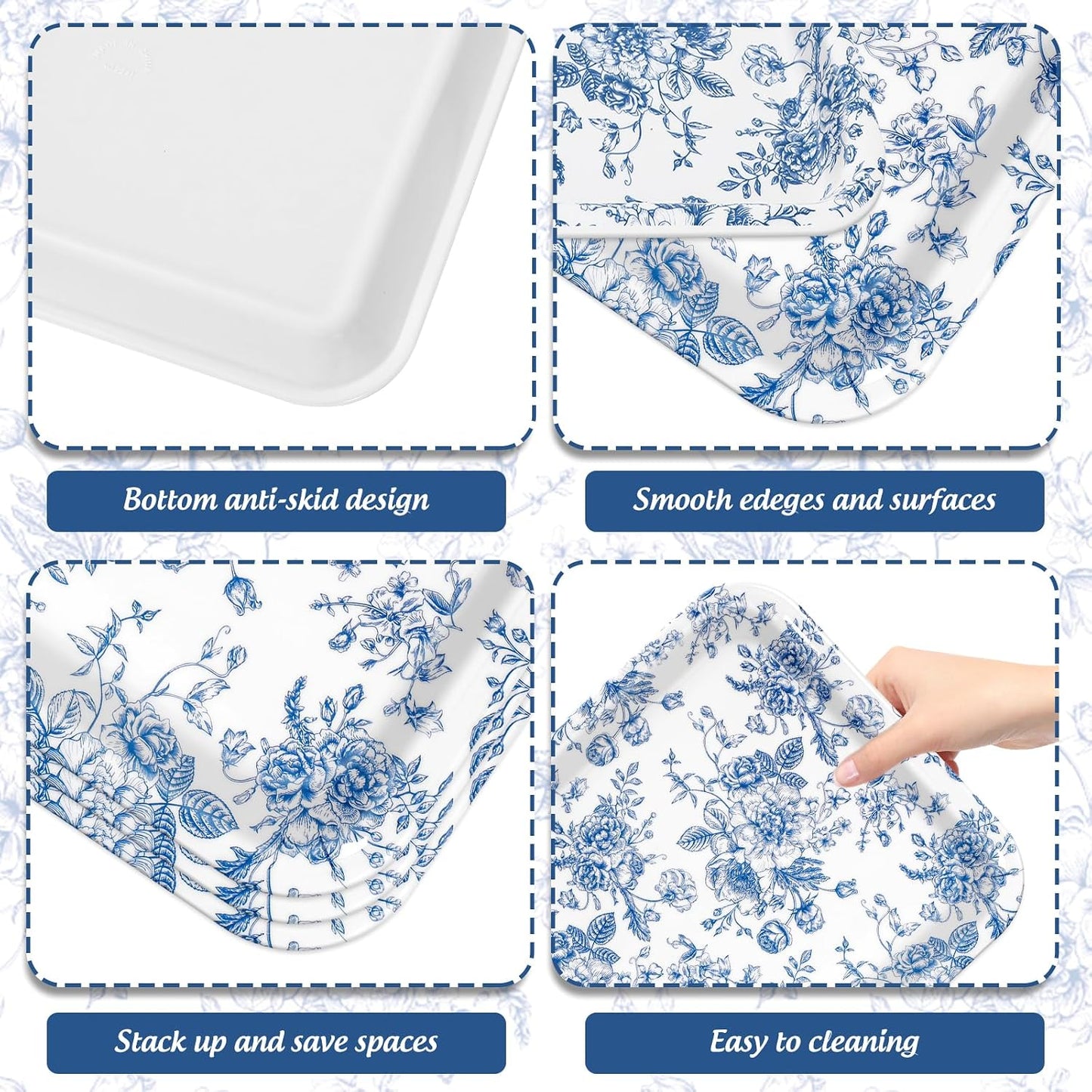3 Bandejas Florales Estampado Azul y Blanco