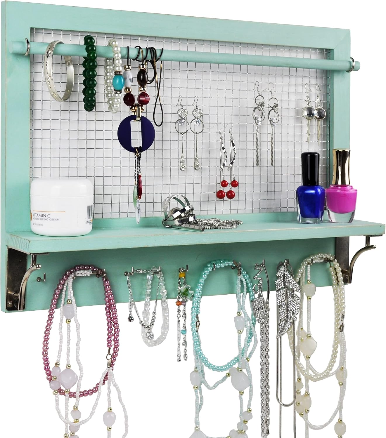 Organiz. joyas madera con ganchos y barra para colgar
