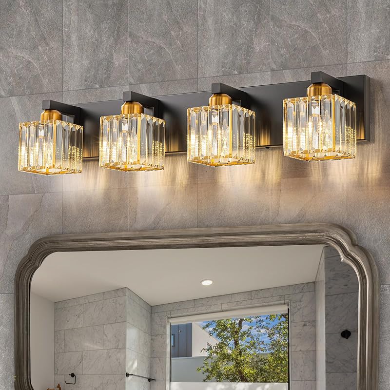 Lámpara baño cristal negro y dorado 4 luces moderna