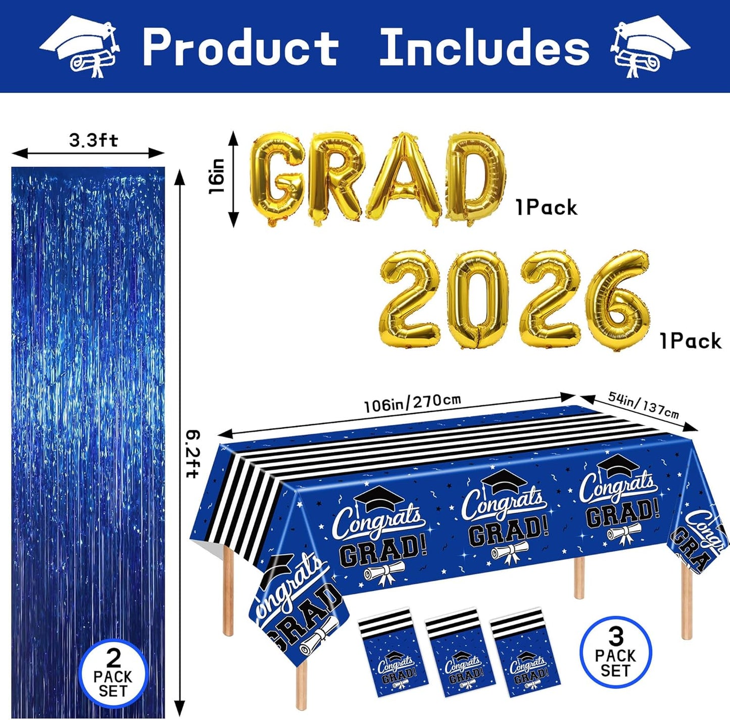 7 Decoraciones Graduación 3 Manteles 54x108pulg 2026 Globos