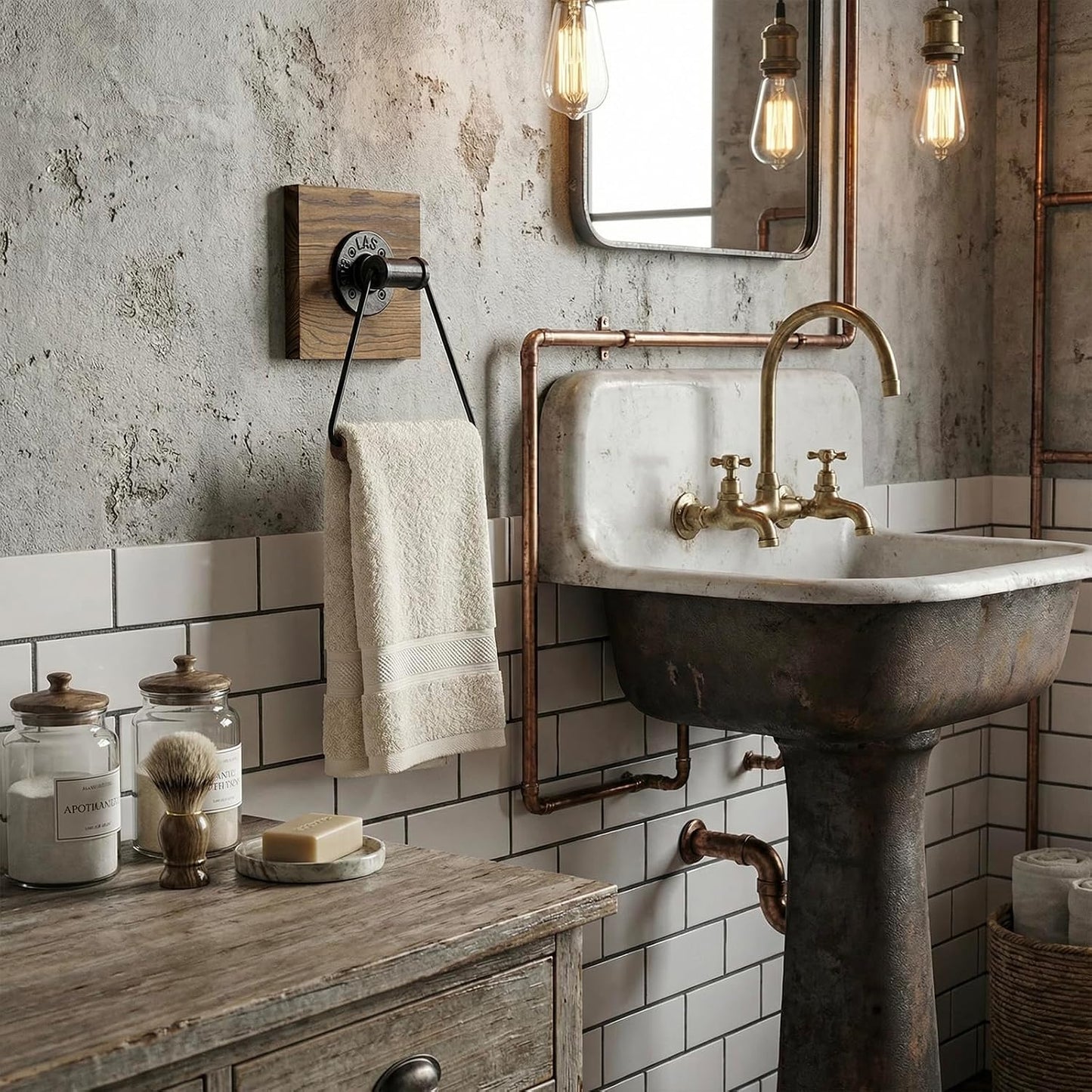 Soporte toalla baño anillo 14x22cm metal negro madera quemada