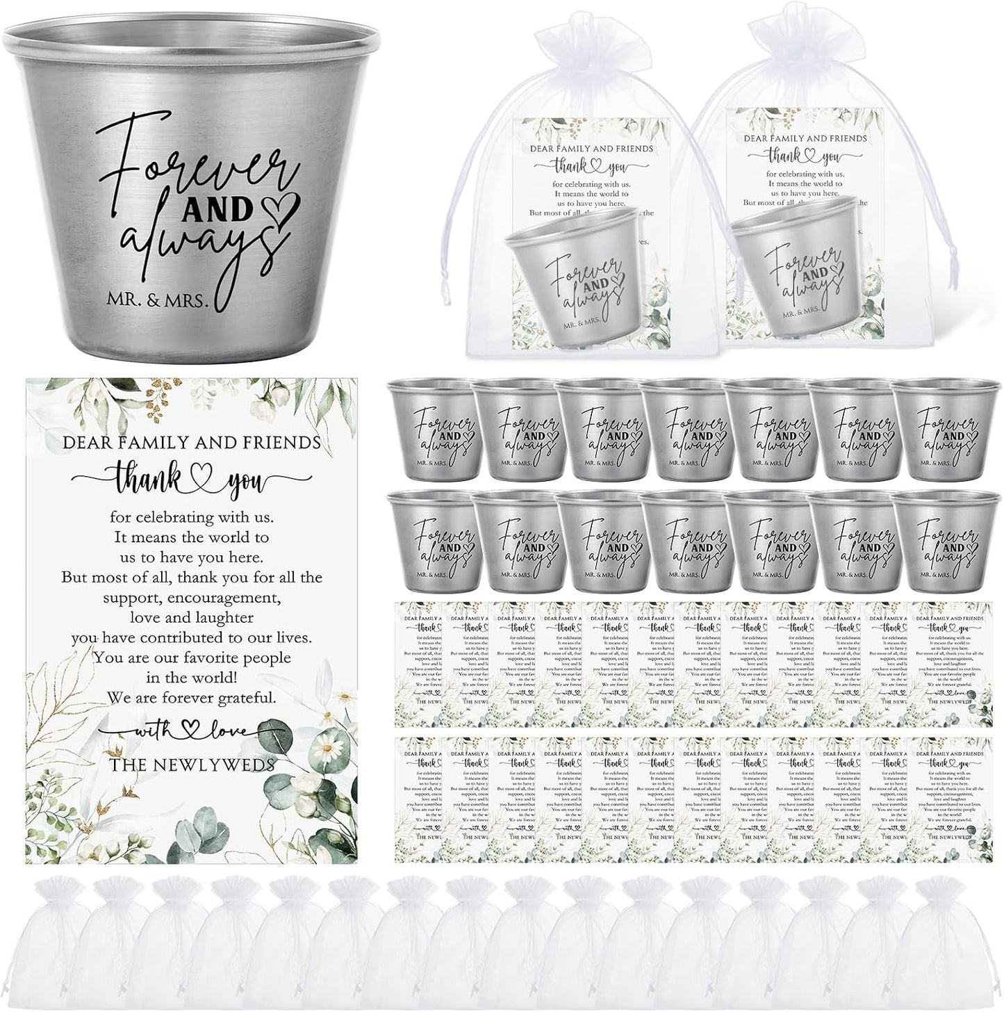 25 Set Regalo Boda Vasos Acero Inox Tarjetas Organza