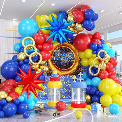 Kit arco globos temática dibujos animados rojo azul amarillo