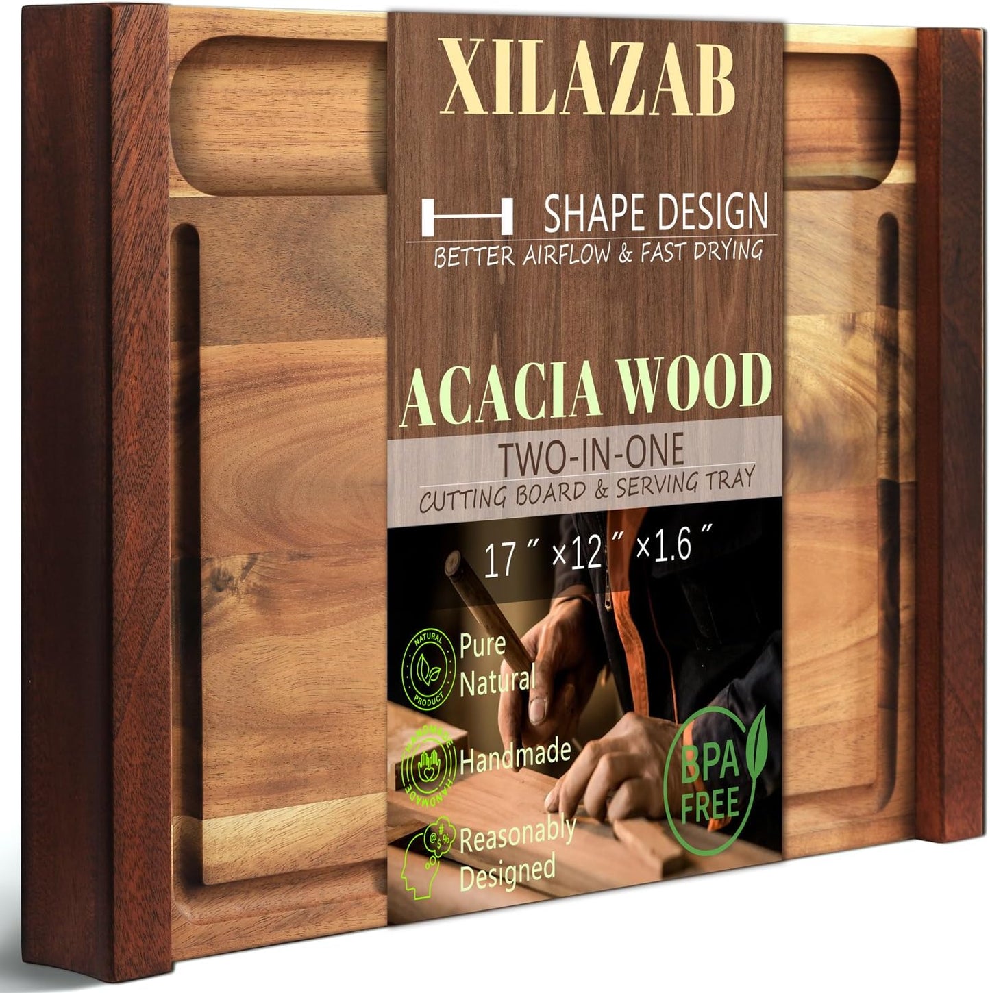 Tabla cortar acacia 17x12pulg ranura jugo asas laterales