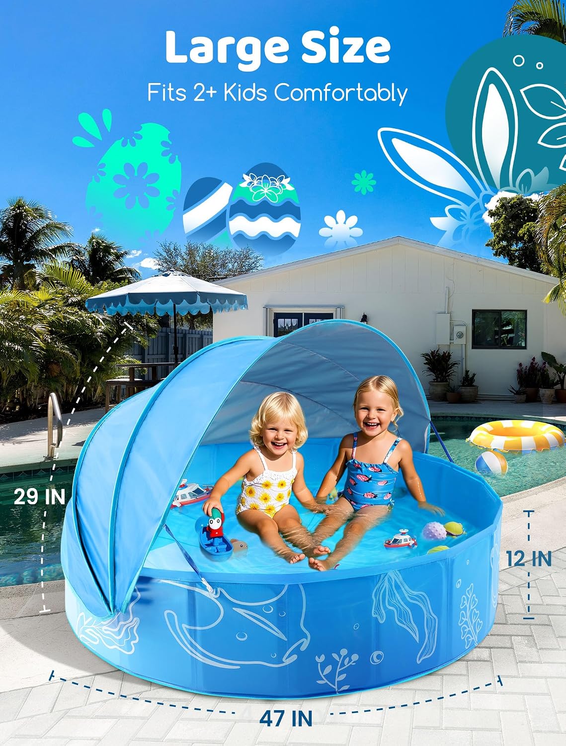Piscina plegable para niños 47pulg con dosel azul