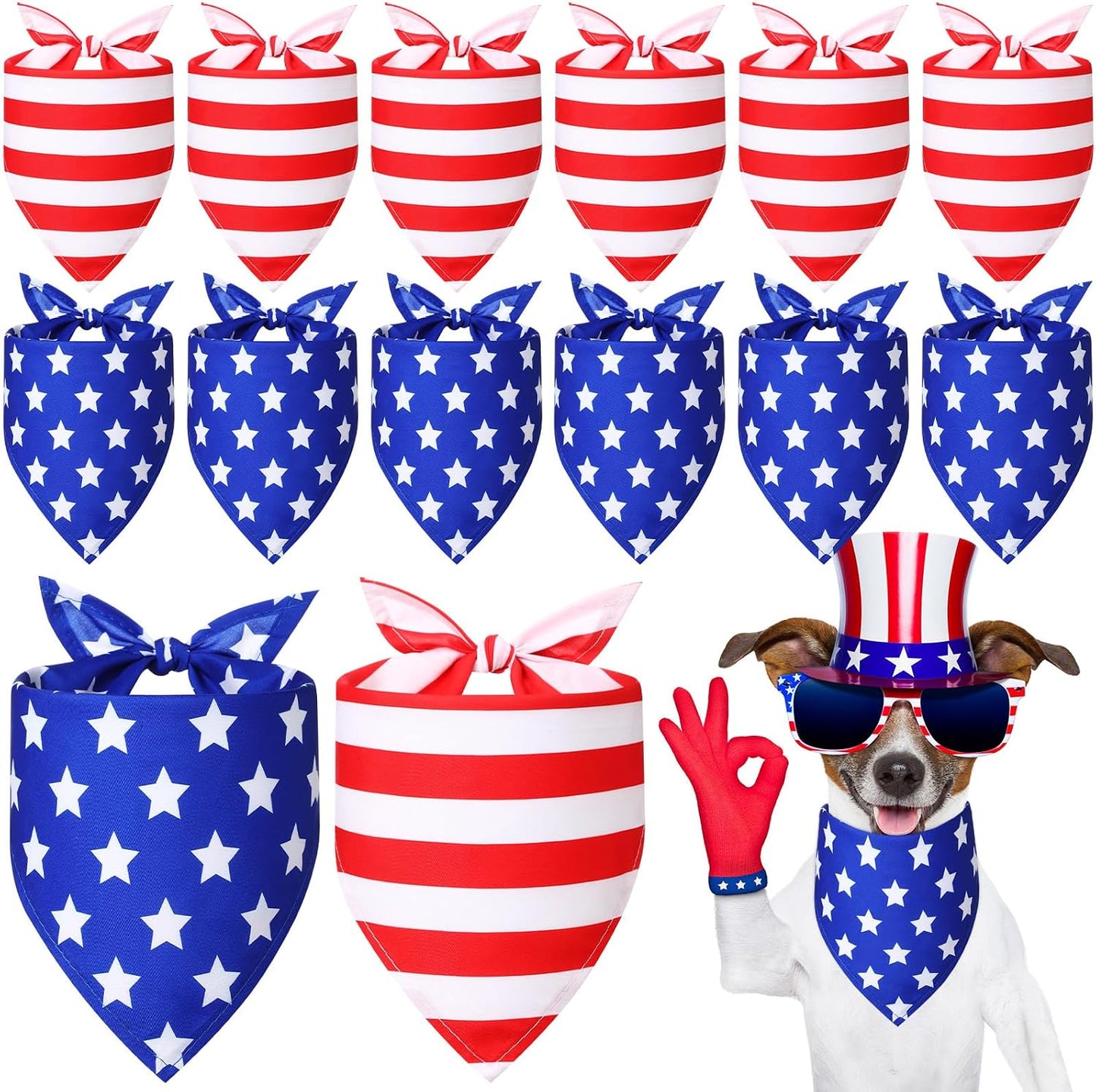 12 Bandanas Patrióticas para Perros Rojo Blanco Azul Rayas