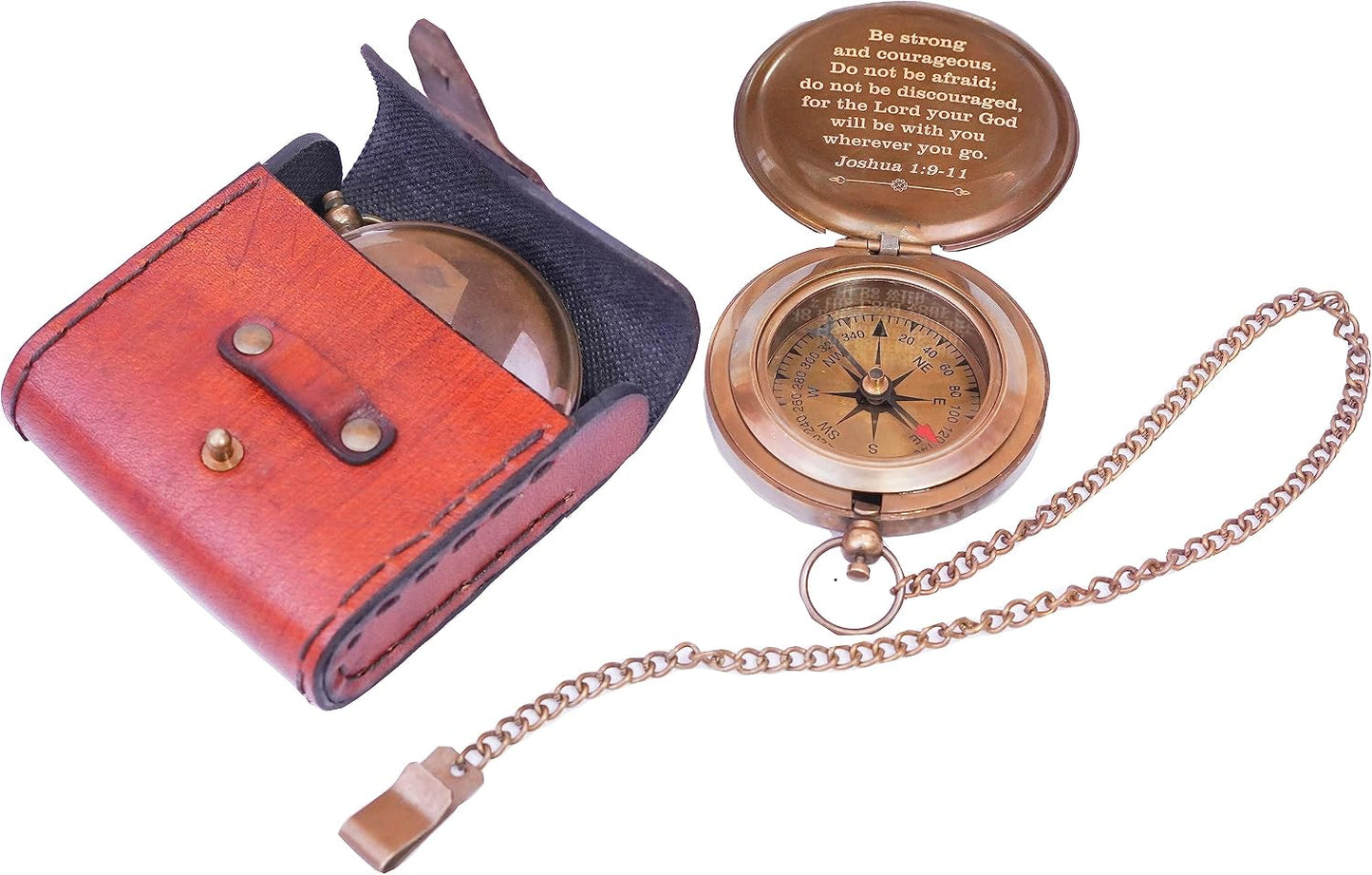Brújula Josué 1:9 con estuche cuero bautismo