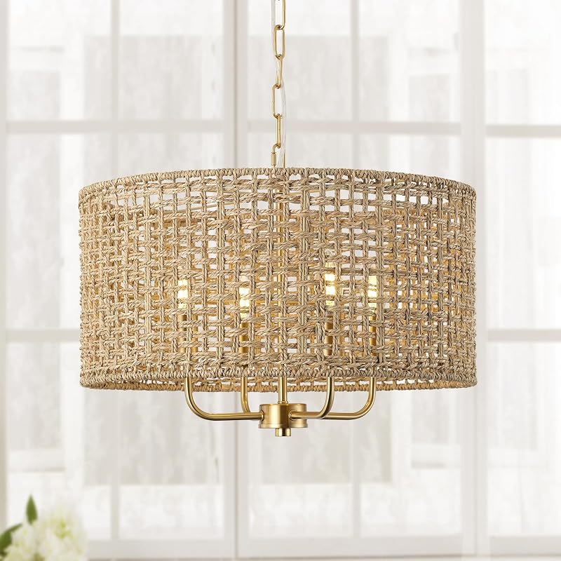 Lámpara de Tambor Ratán Colgante 4 Luces Bohemia para