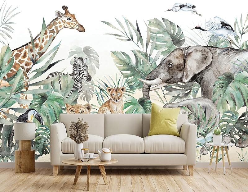 Papel pintado selva tropical con animales para niños 160x108