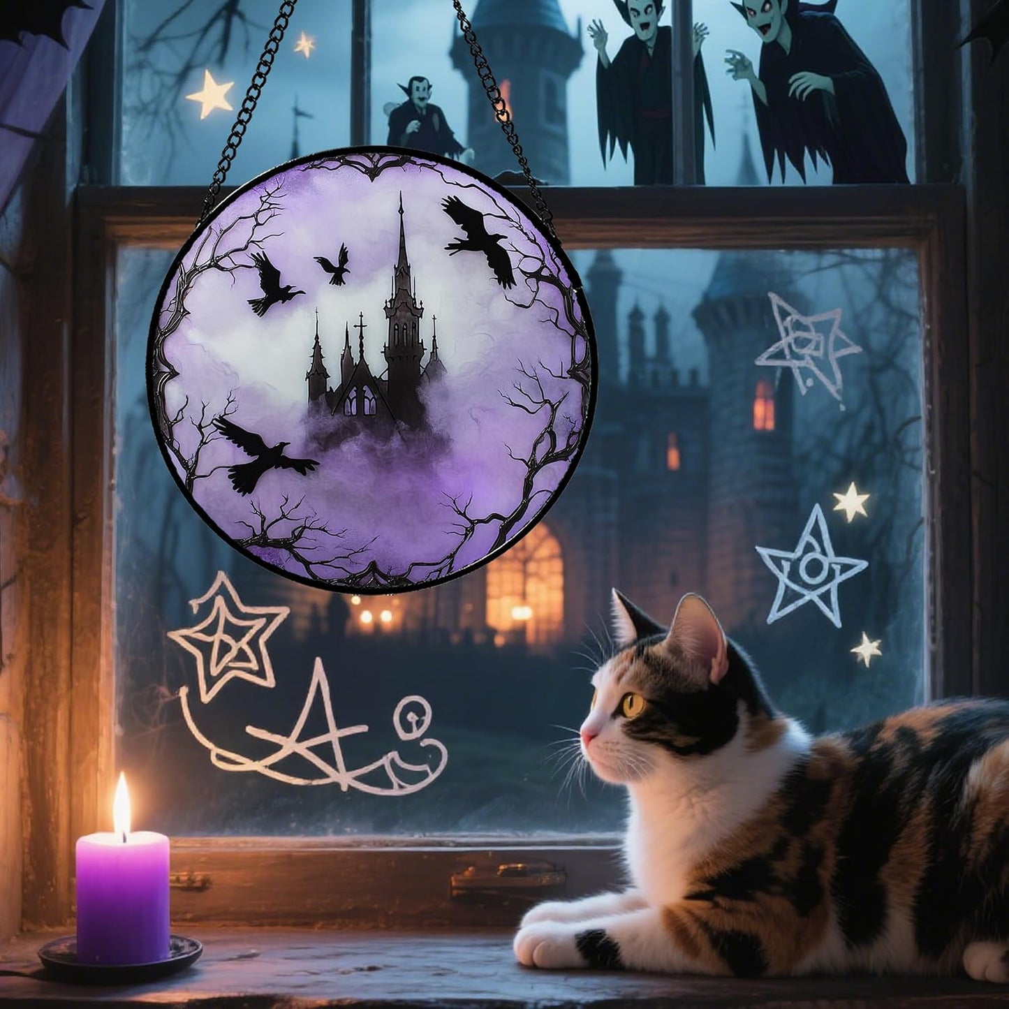 Colgante vidrio emplomado gótico morado cuervo atrapasol puerta