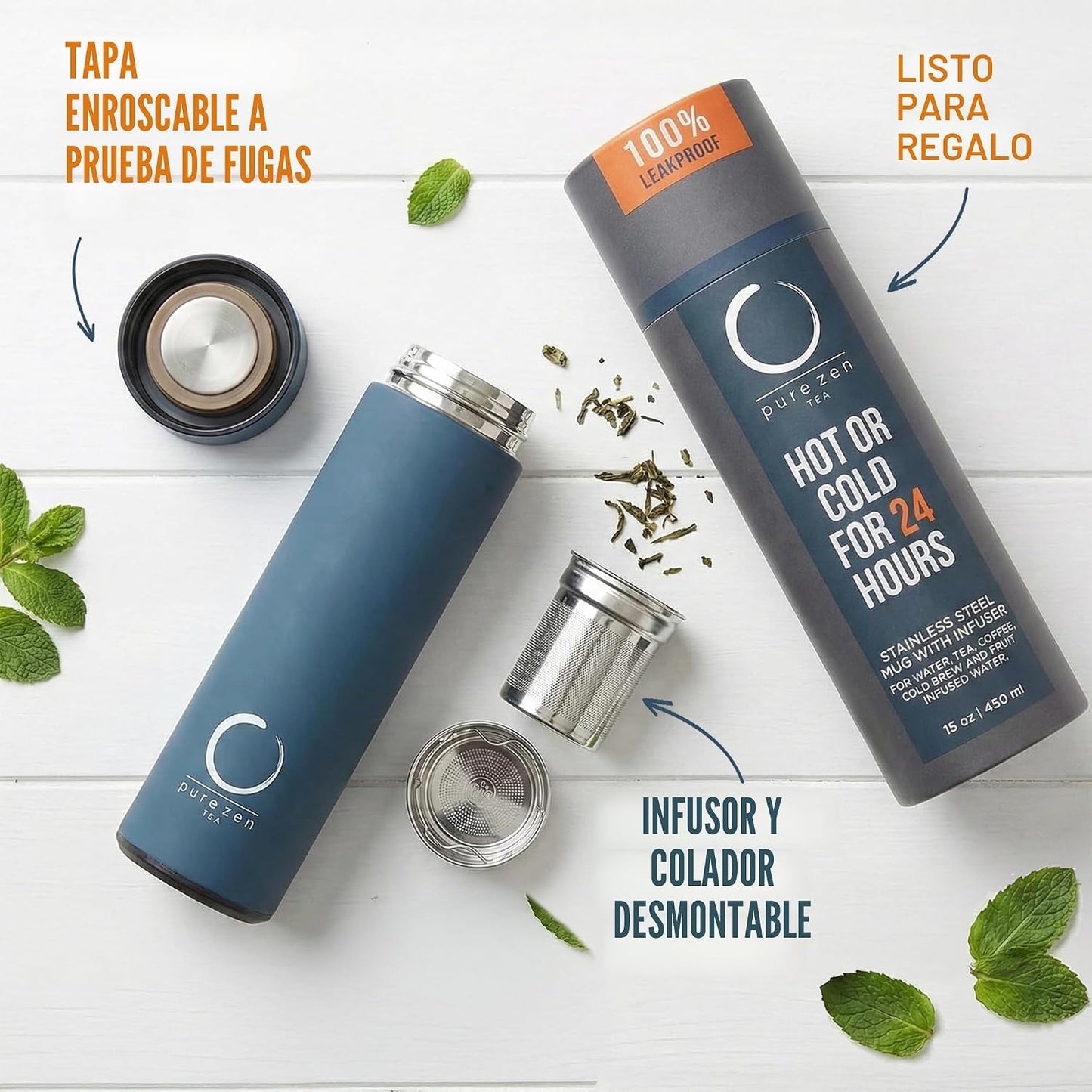 Termo acero inox con infusor 15oz color azul