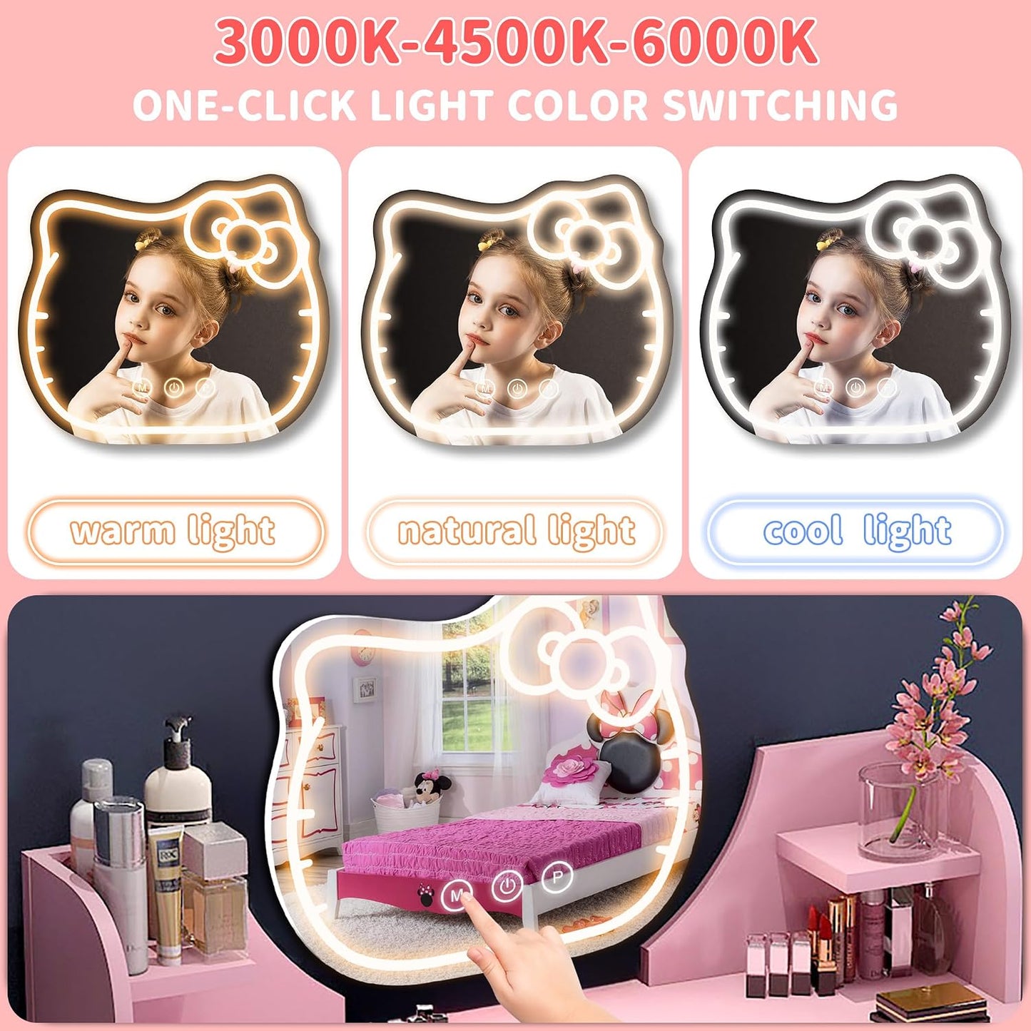 Espejo led Hello Kit con luz atenuable 3 colores para niñas