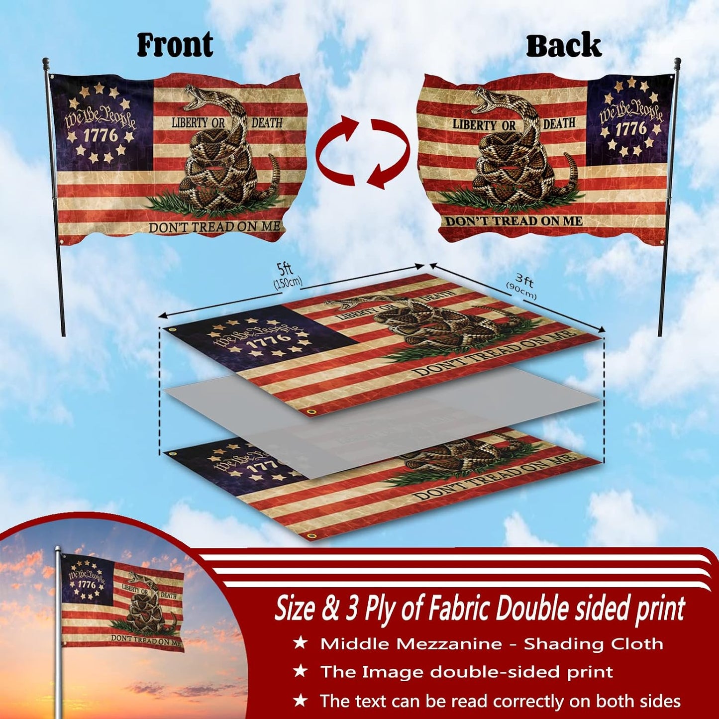 Bandera 3x5ft Dont Tread On Me 1776 poliéster doble cara