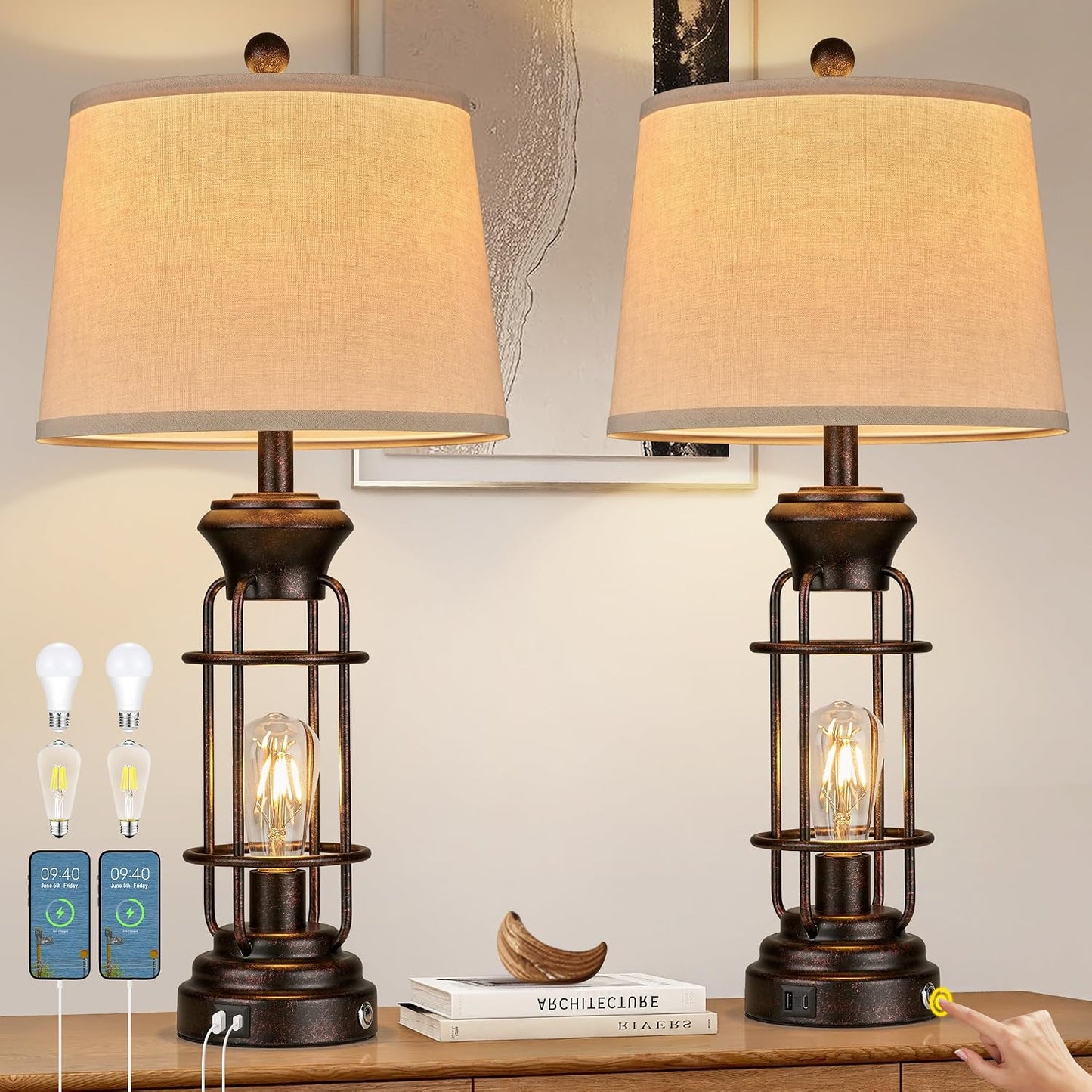 2 Lámparas Mesa Estilo Granja 28pulg Puertos USB CA
