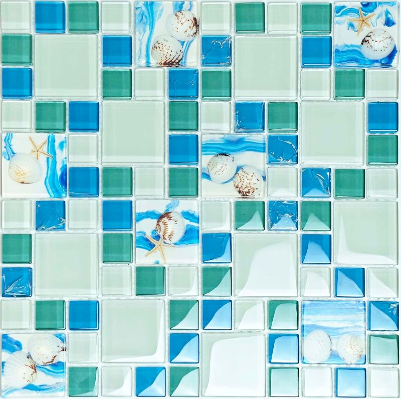 Azulejo vidrio brillante diseño pez mar azul 5ft²