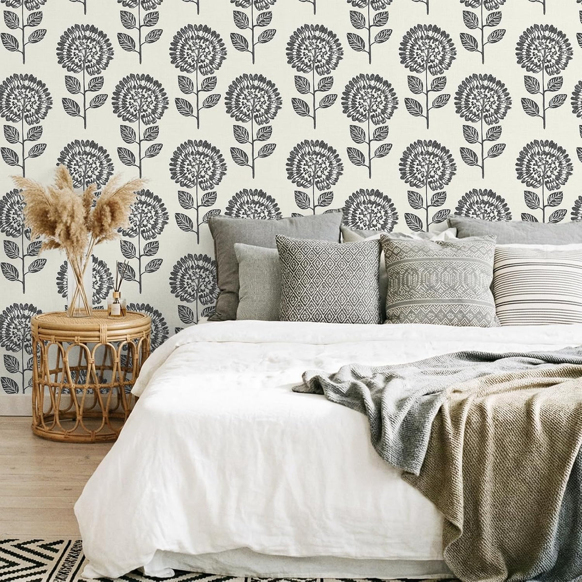 Papel tapiz floral carbón bohemio 17.7x354pulg autoadhesivo
