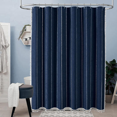Juego cortina ducha lino rayas borlas 72x72pulg azul