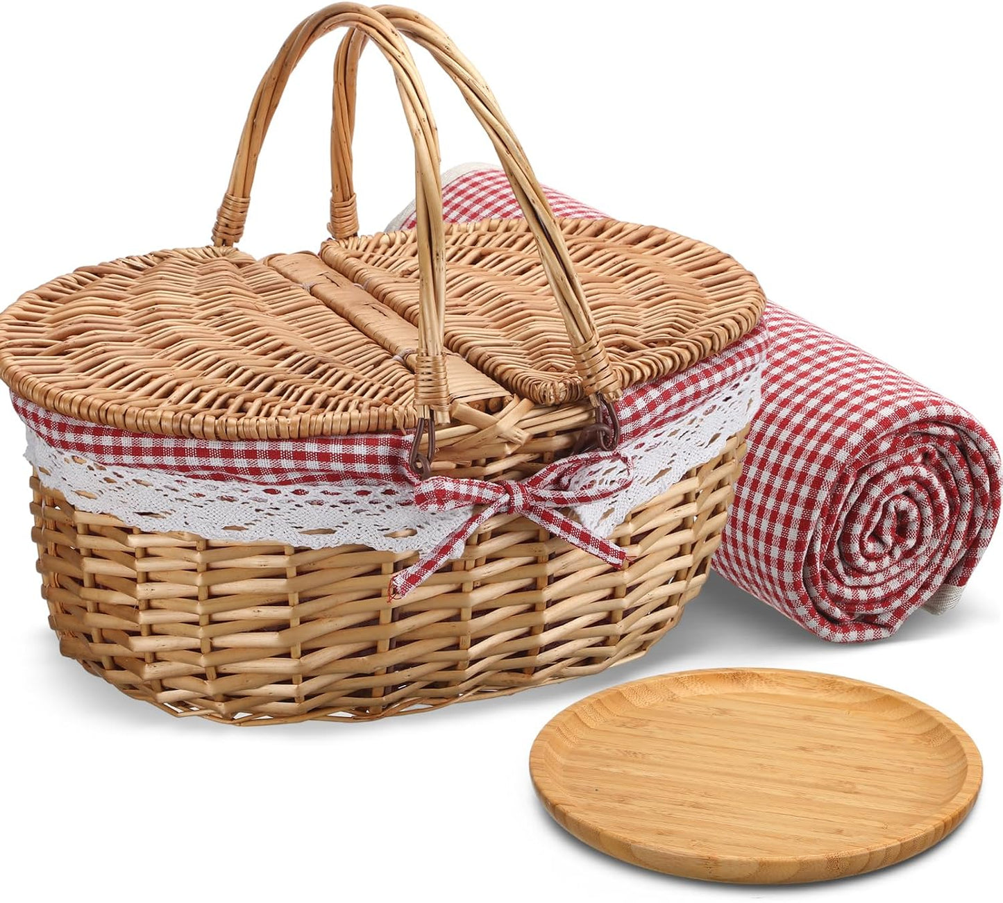 Cesta picnic bambú con asa tejido resistente forro lavable