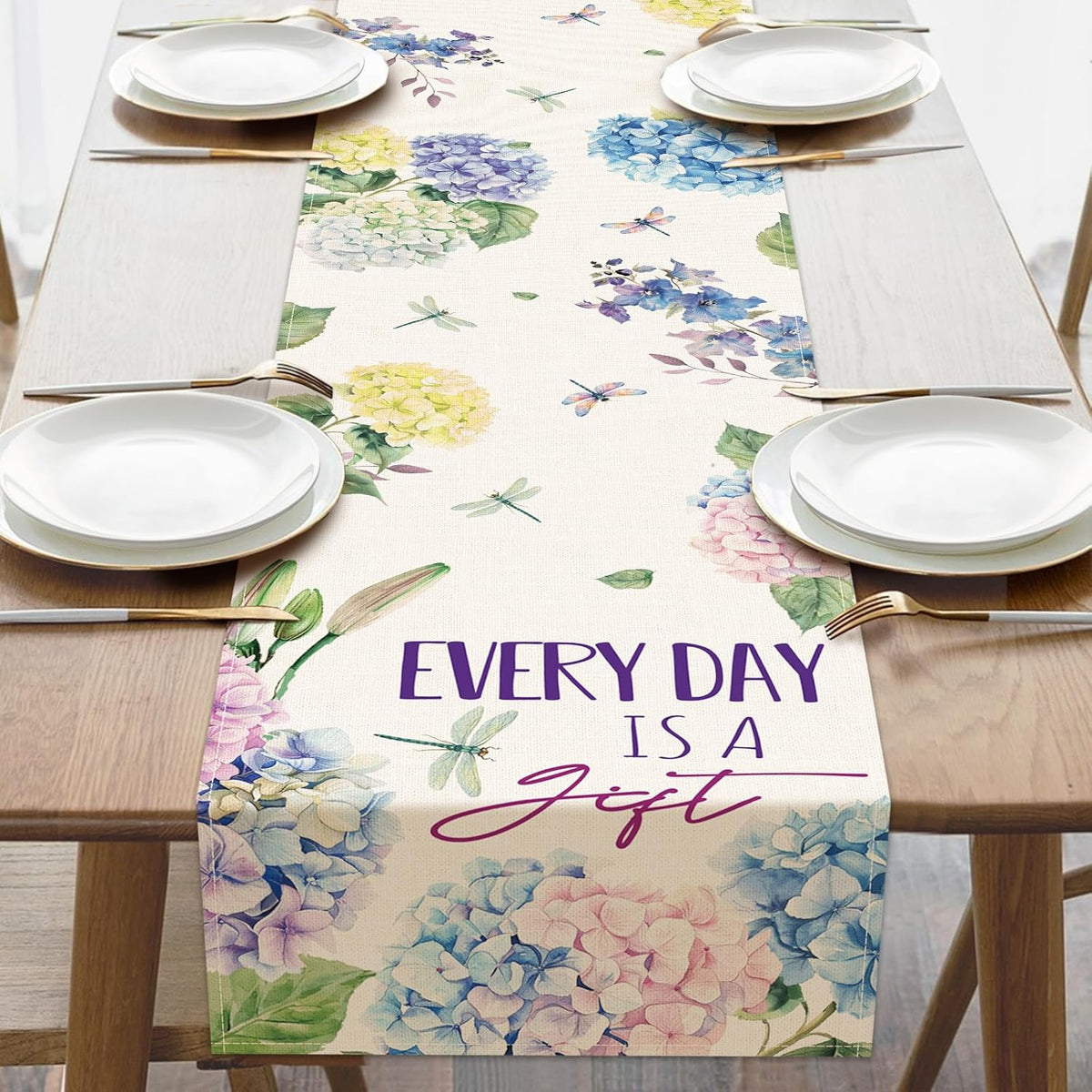Camino de mesa con flores de hortensias primavera-verano decoración de cocina