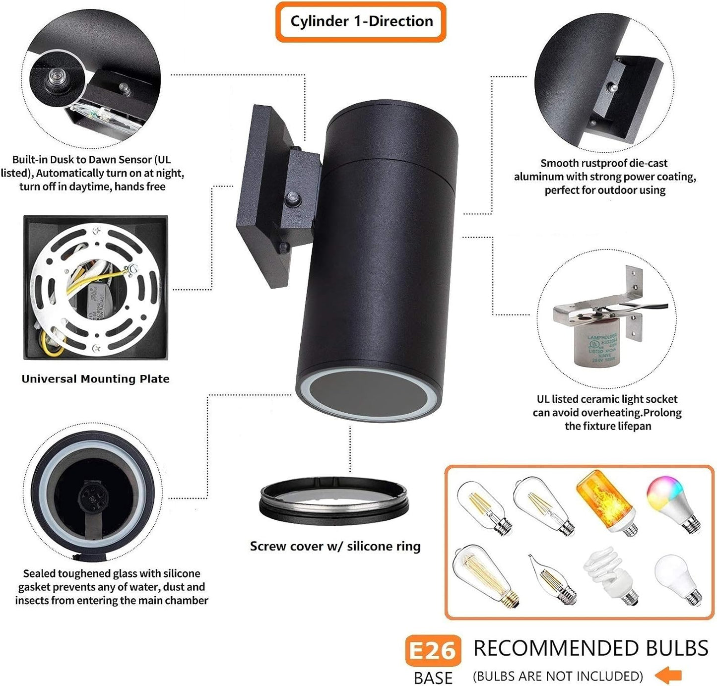 Iluminación exterior aluminio impermeable diseño cilíndrico