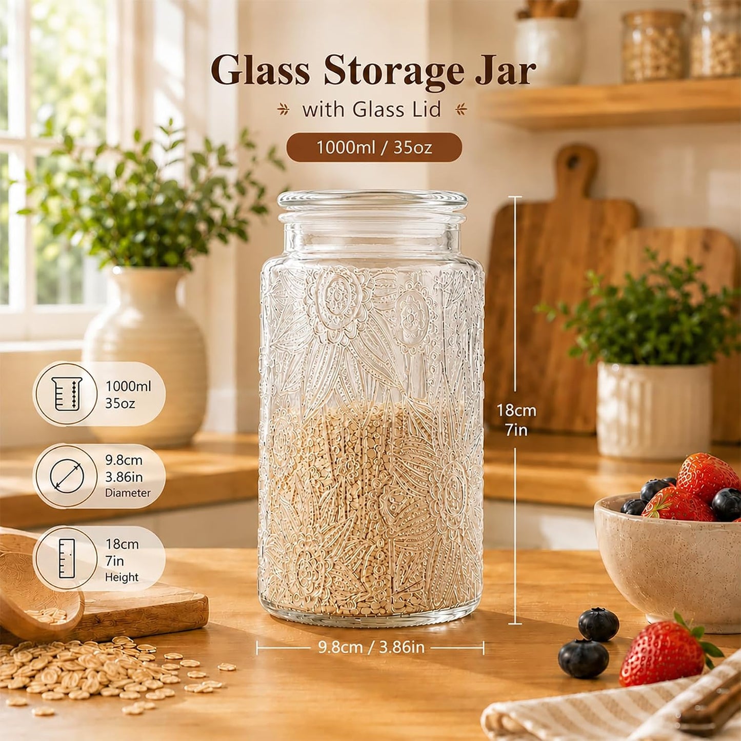 Tarro vidrio 35oz con tapa hermética para azúcar café té
