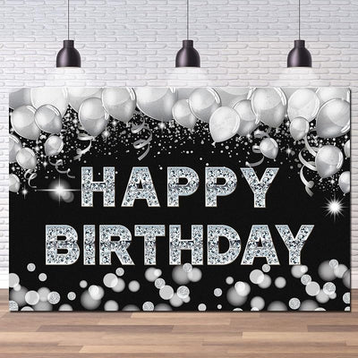 Cartel cumpleaños negro plateado 6x4pies decoración patio