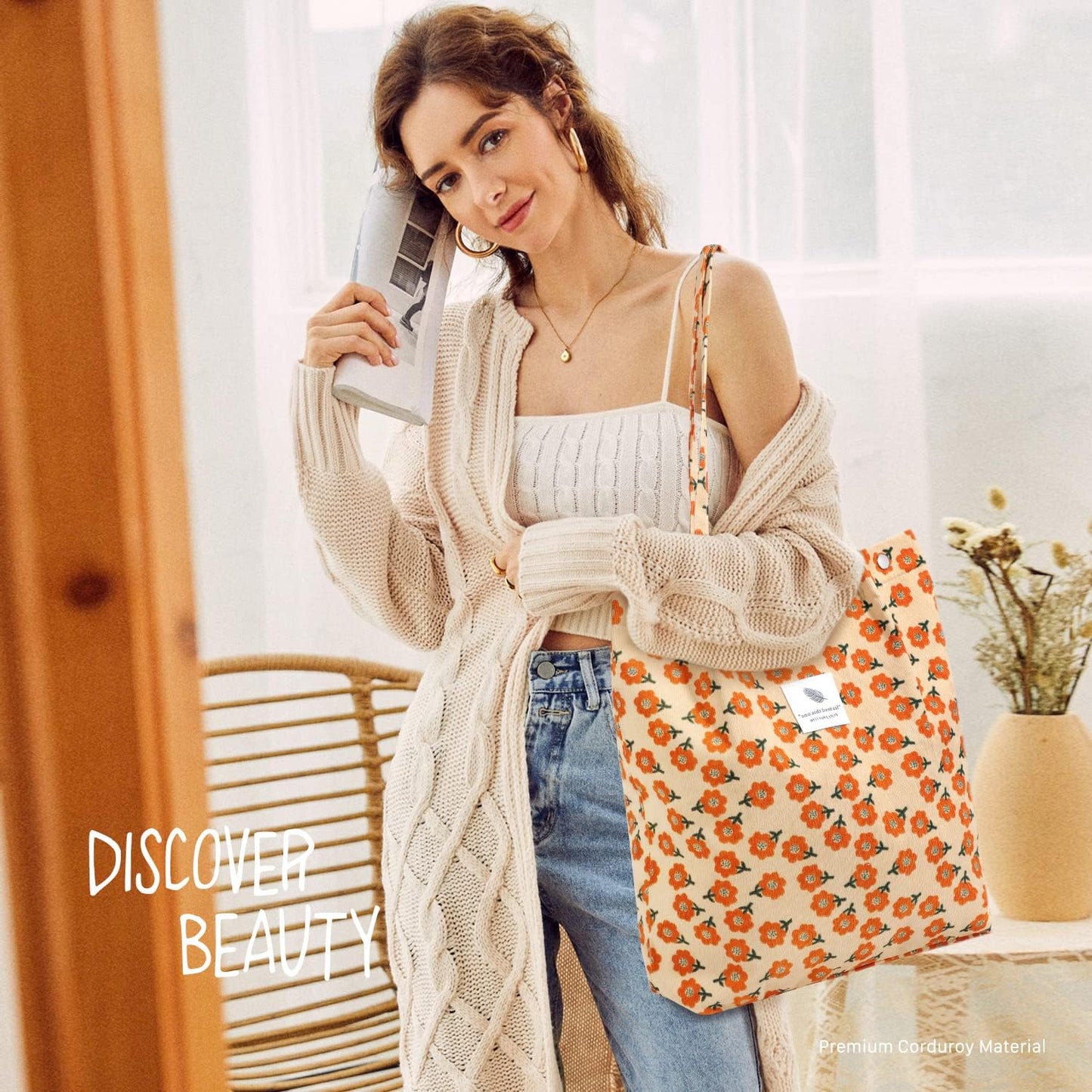 Bolsa de hombro pana con bolsillo interior para mujer
