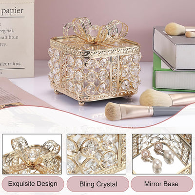 Caja joyero cristal dorado con espejo organizador