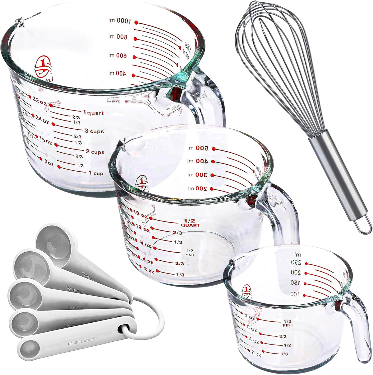 Juego 3 Tazas Vidrio con Cucharas Medidoras y Batidor 1-4 Tazas