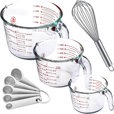 Juego 3 Tazas Vidrio con Cucharas Medidoras y Batidor 1-4 Tazas
