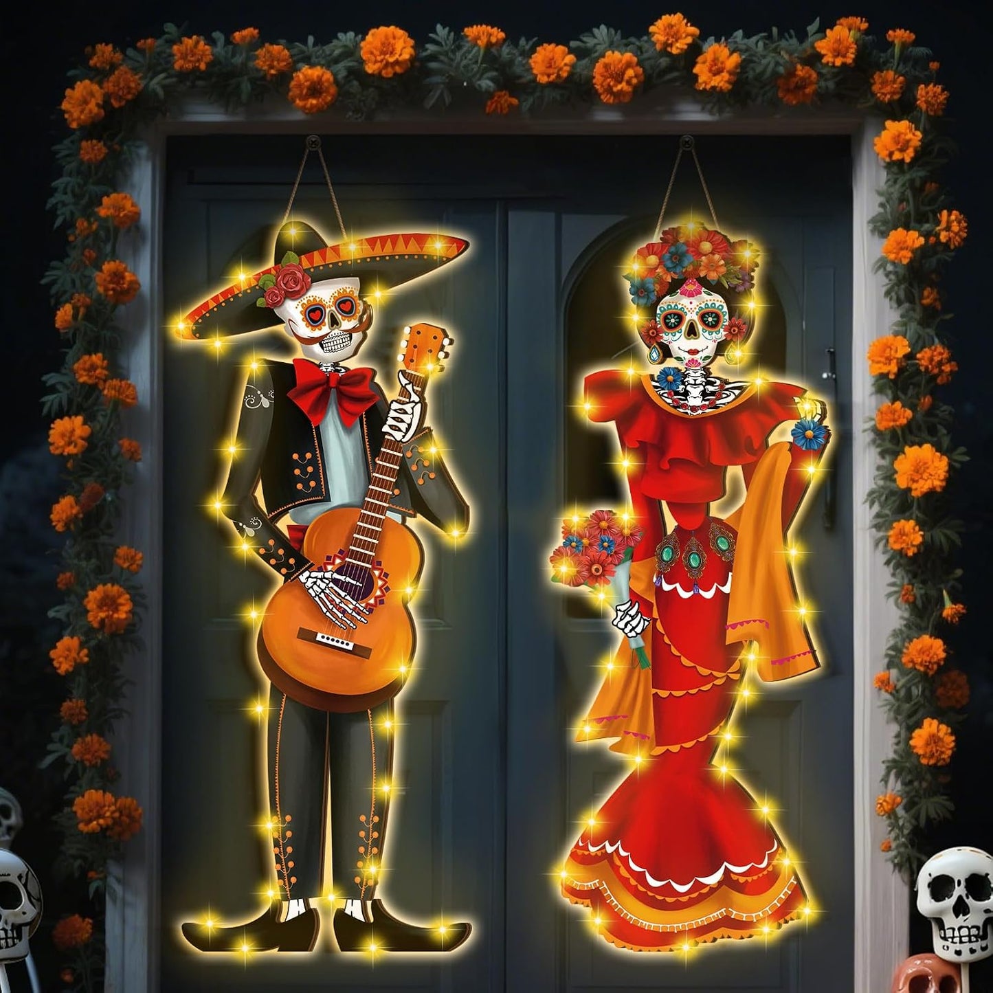 2 Pzas Decoración Día de Muertos con Luces LED Catrina