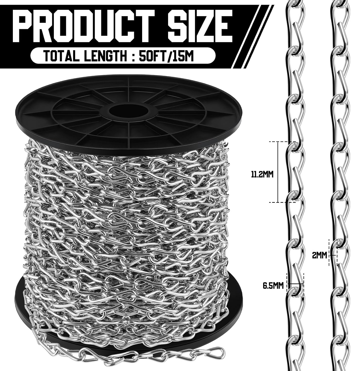 Cadena plateada 15.24m con 10 ganchos acero galvanizado
