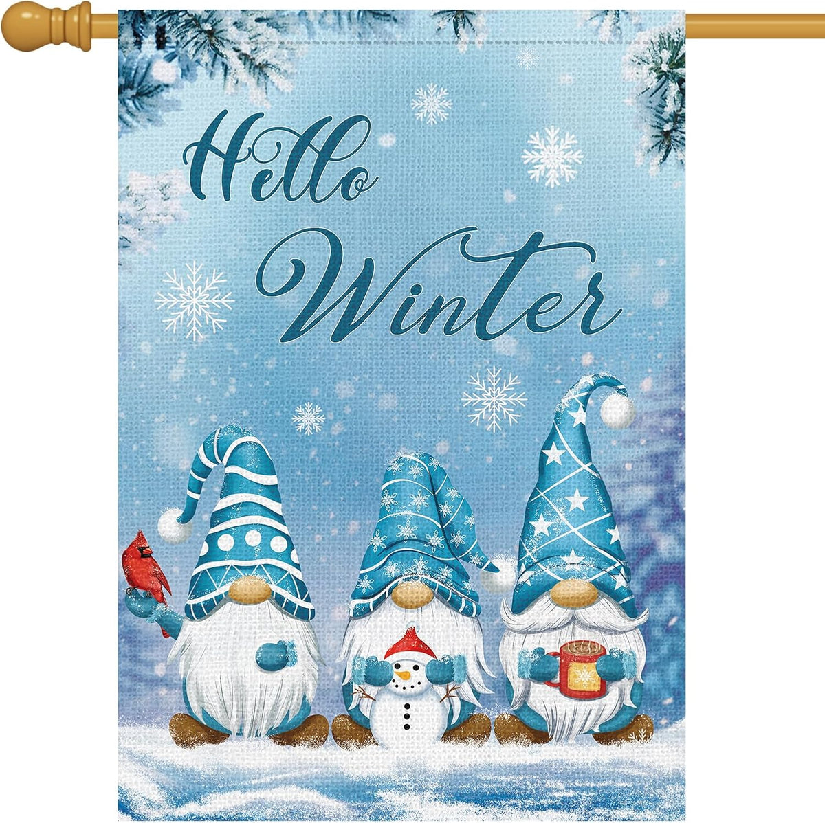 Bandera jardín gnomo invierno 28x40pulg arpillera copos nieve