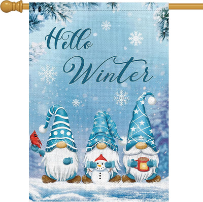 Bandera jardín gnomo invierno 28x40pulg arpillera copos nieve