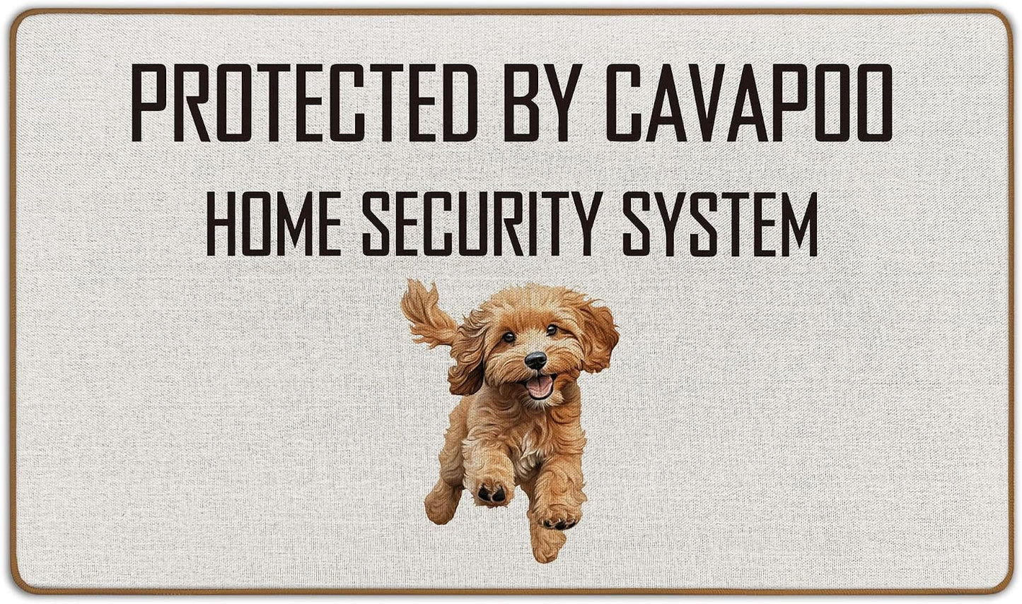 Tapete bienvenida perro Cavapoo protegido sistema seguridad