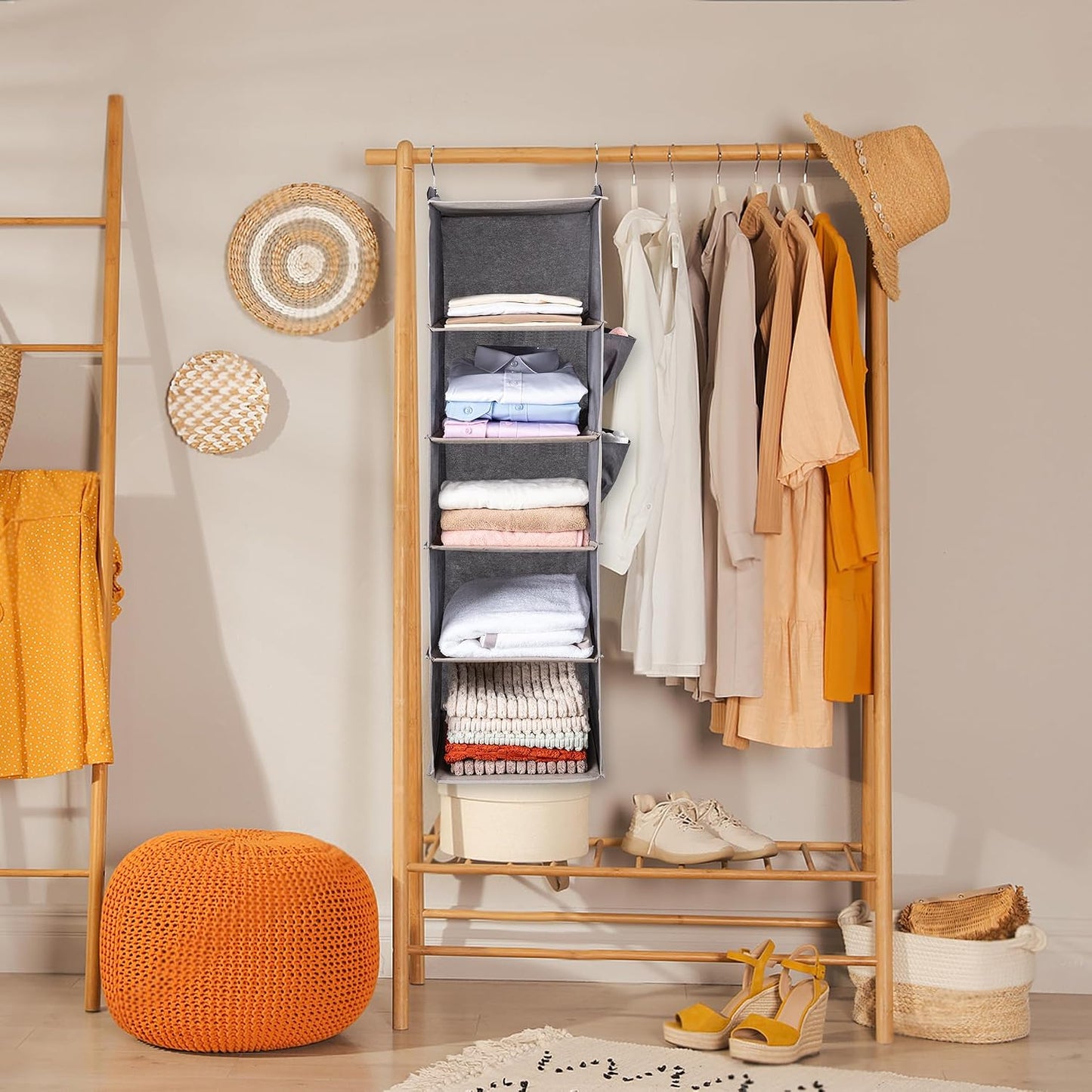 Organiz. colgante 5 estantes 2 bolsillos plegable set 2