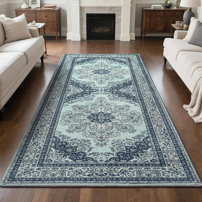 Alfombra pasillo 2x6pulg antiderrap vintage lavable azul