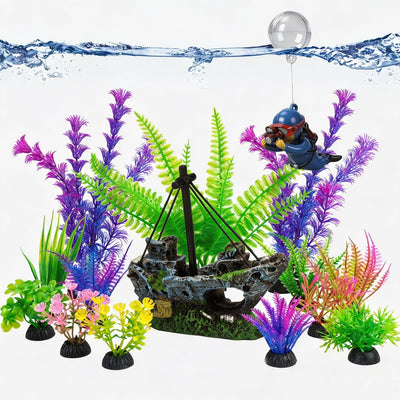 Set decoración acuario con naufragio y plantas artificiales