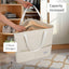 Bolsa organizadora para colgar ropa con asas beige y blanco