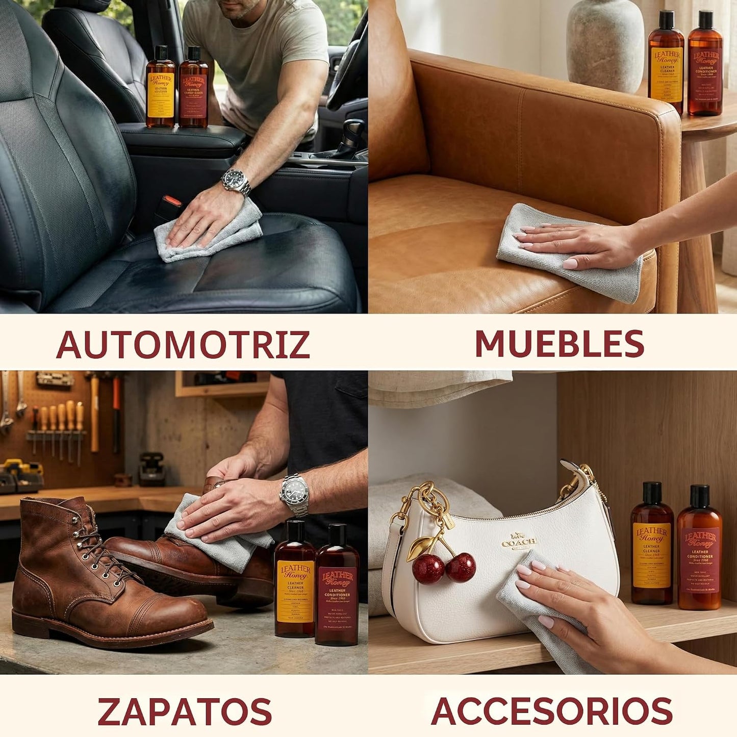 Acondicionador cuero miel para ropa, muebles y autos