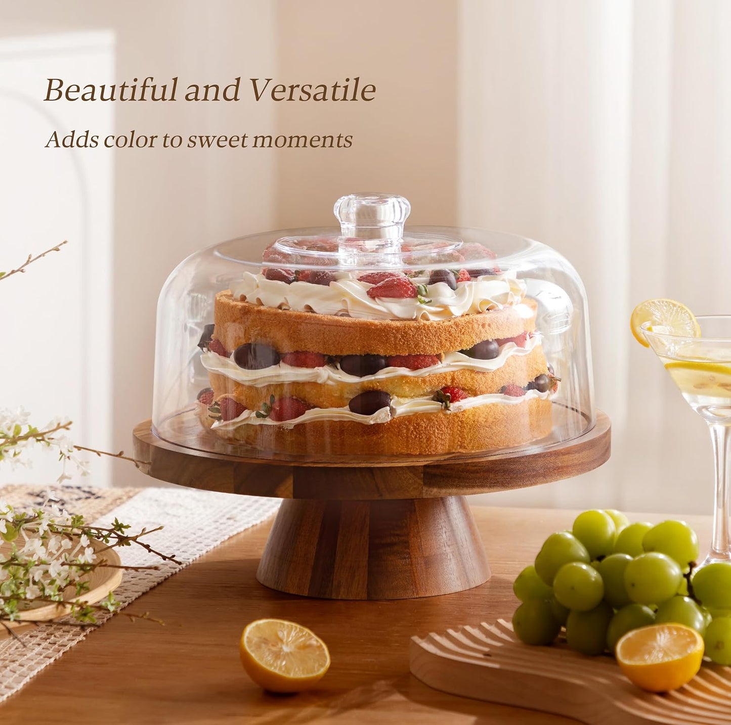 Soporte tartas cristal 28.9cm madera acacia 6en1