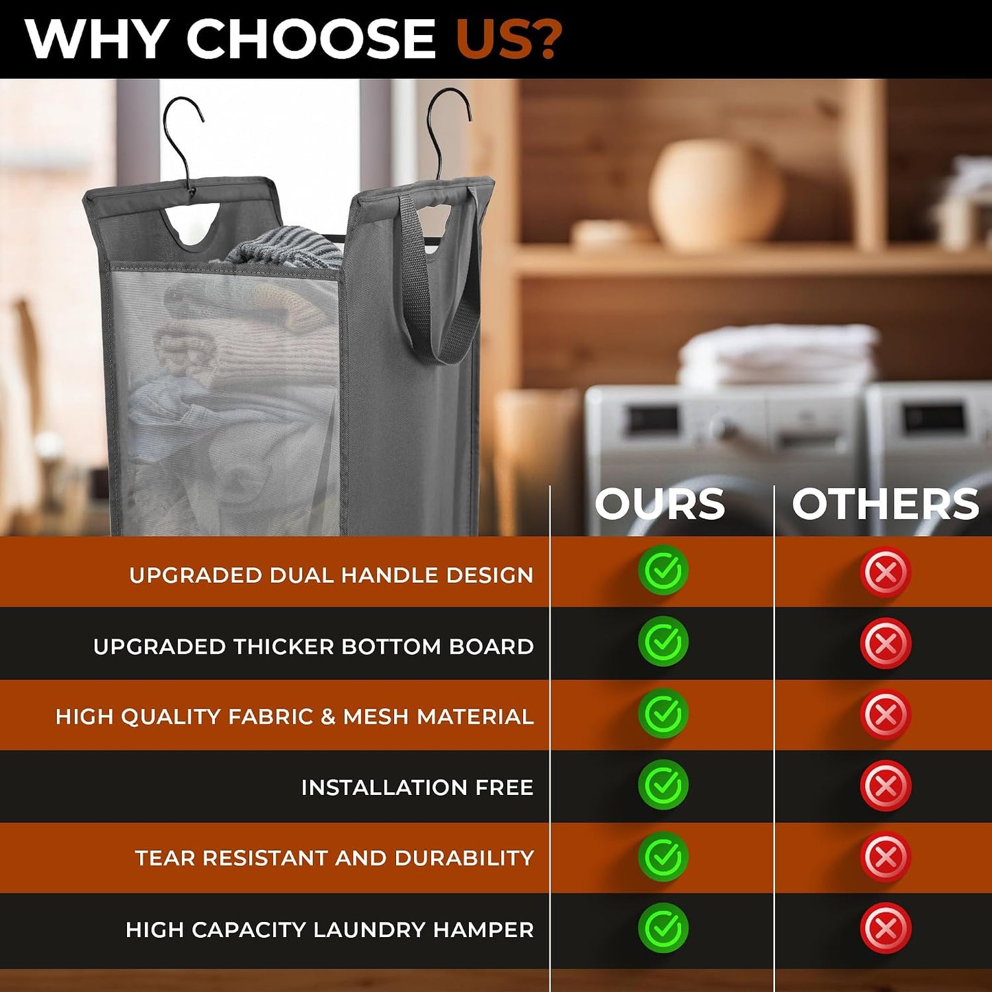 Cesta colgante ropa sucia gris resistente 59L con asas